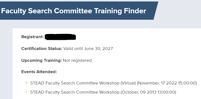 A screenshot of how the Faculty Search Committee Certification Finder shows if someone is certified or not, when their certification expires, and which training they had recently taken. 