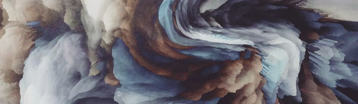Abstract art with blue, grey, brown, and white colors. 