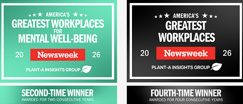 Two Newsweek award badges — green for mental well-being and black for greatest workplaces