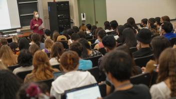 Lisa Materson, Associate Professor in History, teaches Introduction to Global Sexuality class in Everson Hall on the first day of class for Fall 2021.