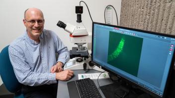 Smiling male researcher at microscope, monitor shows bright green fluorescent sample
